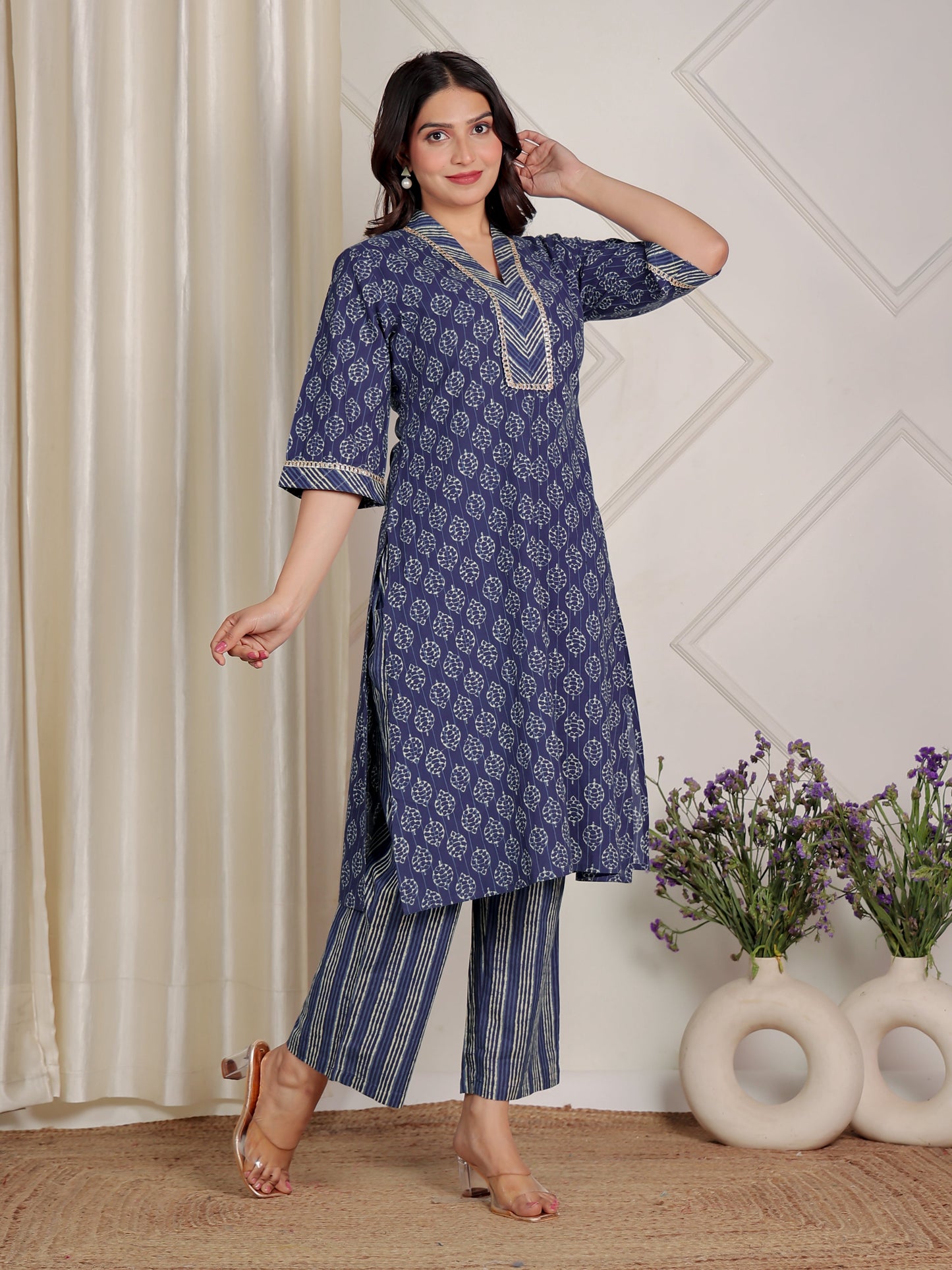 Embroidered Soft Cotton Block Print Straight Indigo Blue