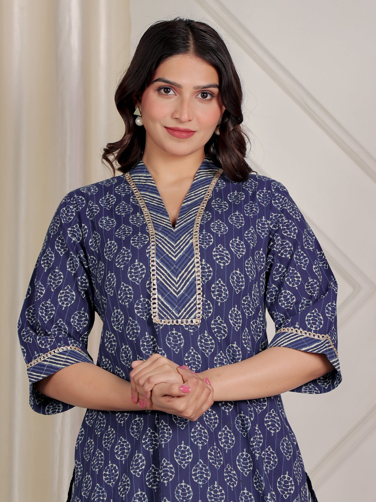 Embroidered Soft Cotton Block Print Straight Indigo Blue
