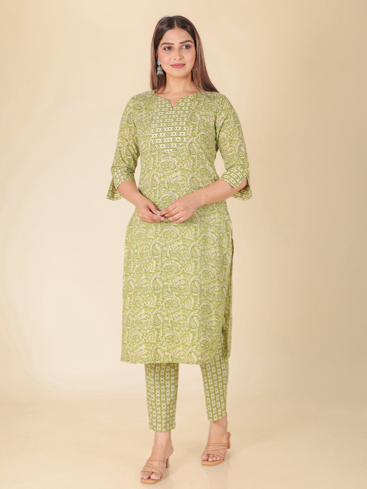 Soft Cotton Floral Straight Green Kurta