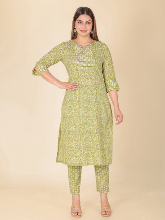 Soft Cotton Floral Straight Green Kurta