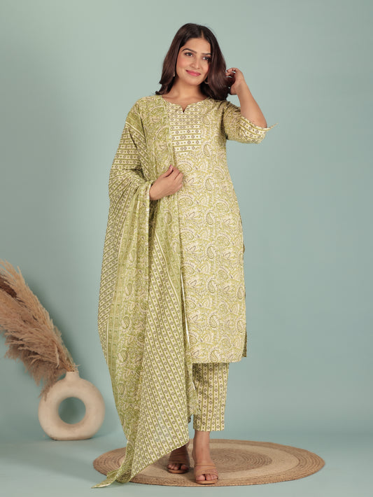 Soft Cotton Floral Straight Green Kurta
