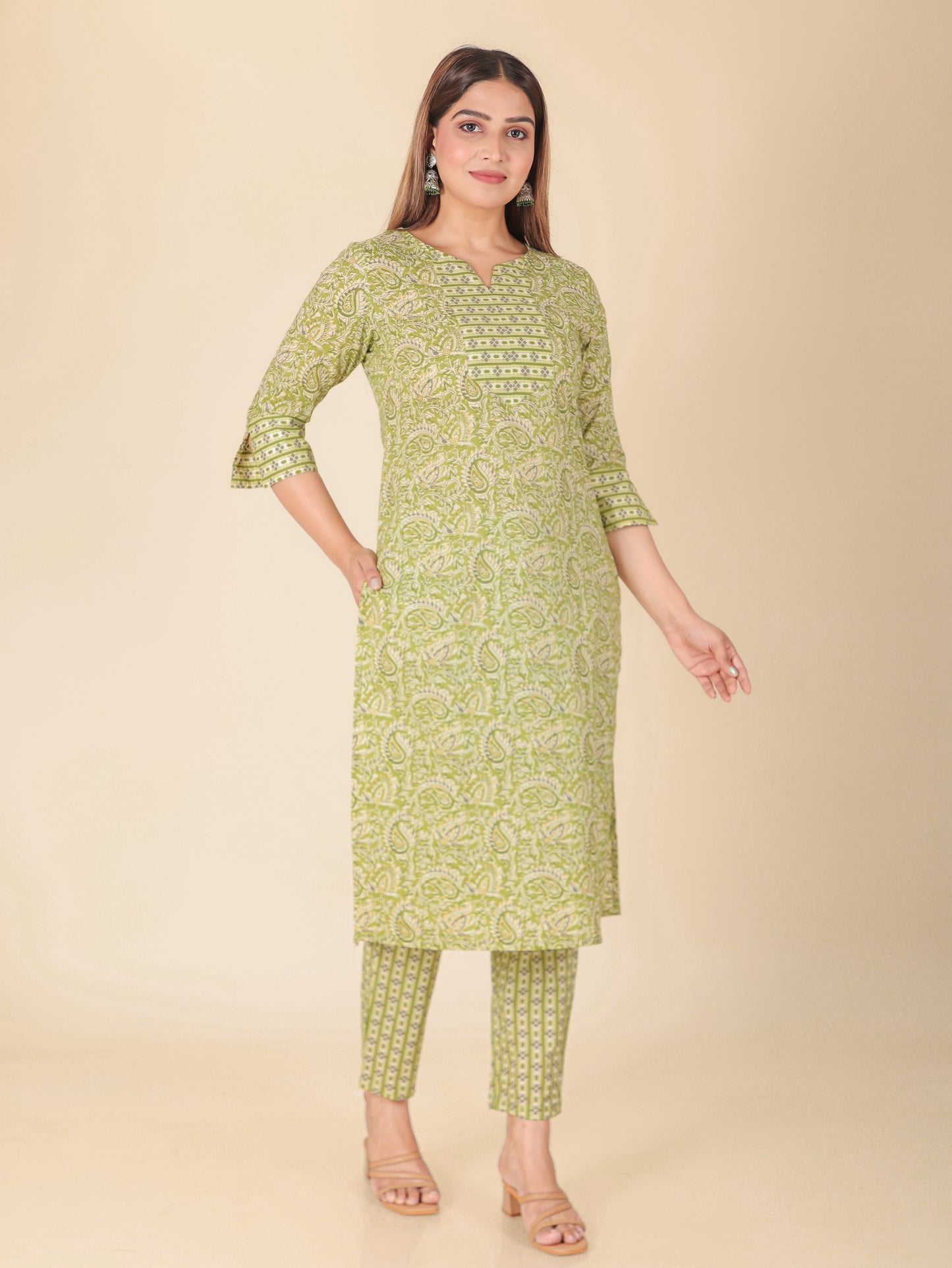 Soft Cotton Floral Straight Green Kurta