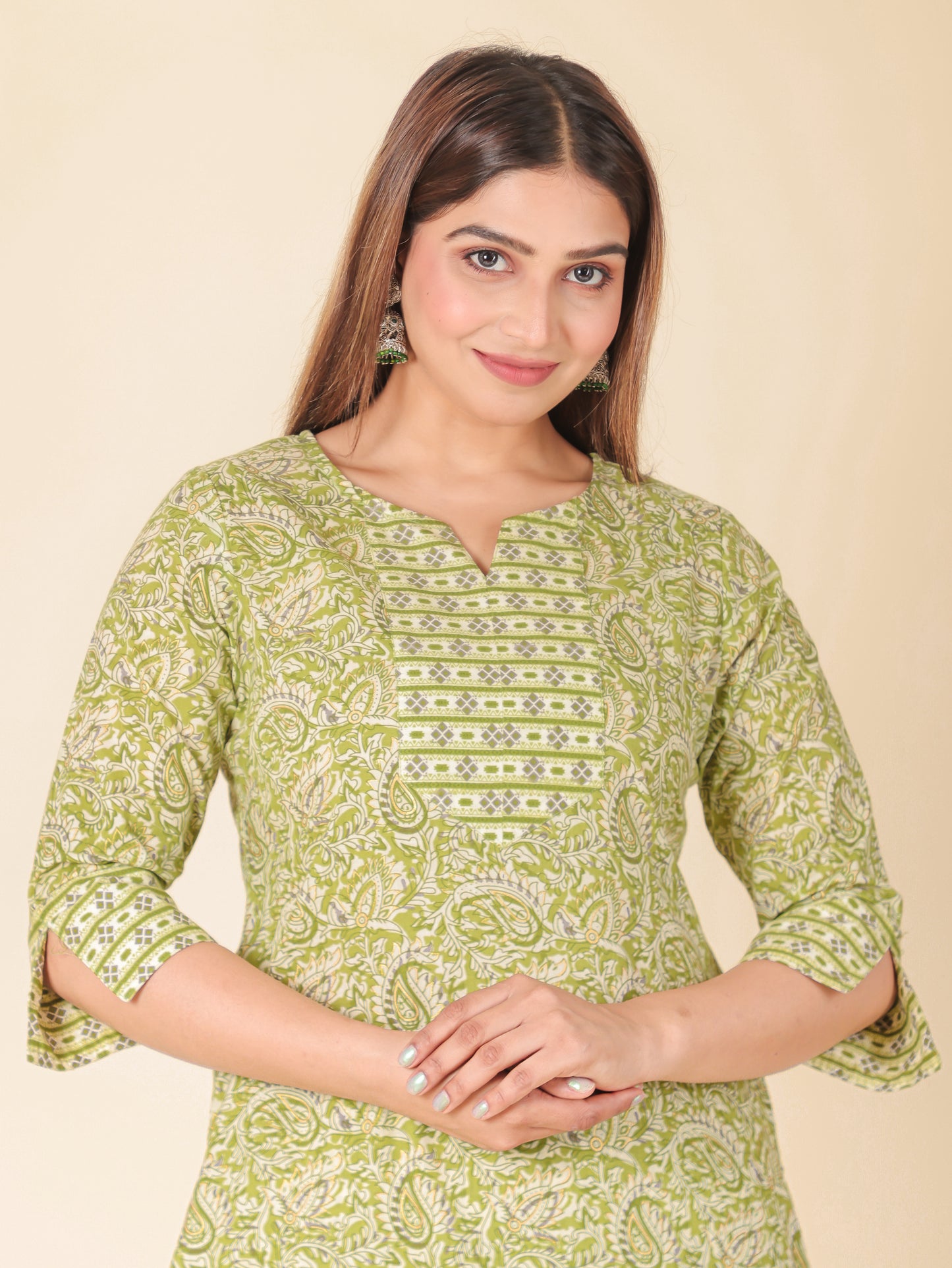 Soft Cotton Floral Straight Green Kurta