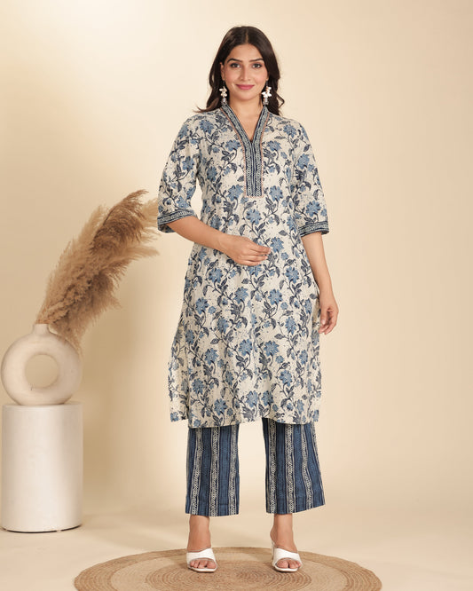 Soft Cotton Floral Straight Blue Kurta
