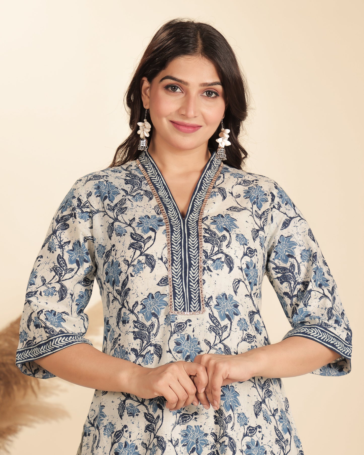 Soft Cotton Floral Straight Blue Kurta