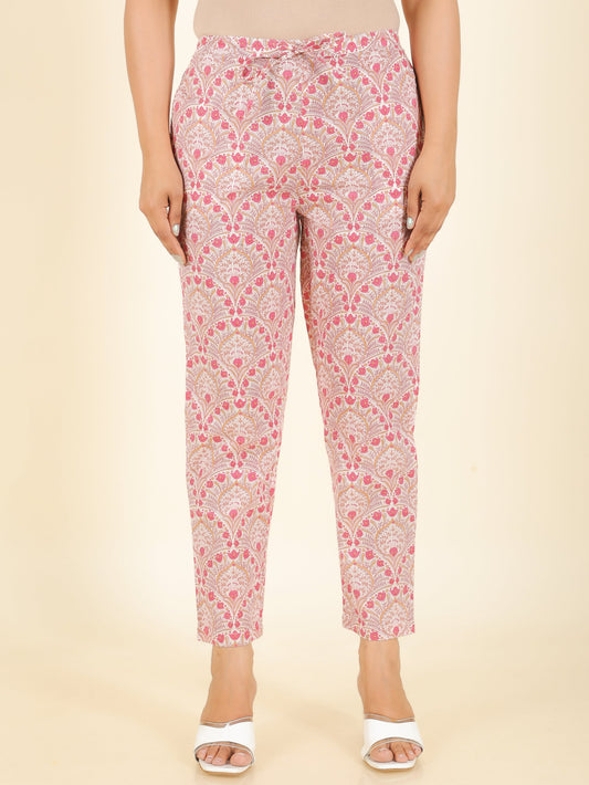 Soft Cotton Floral Pink Tapered Trousers