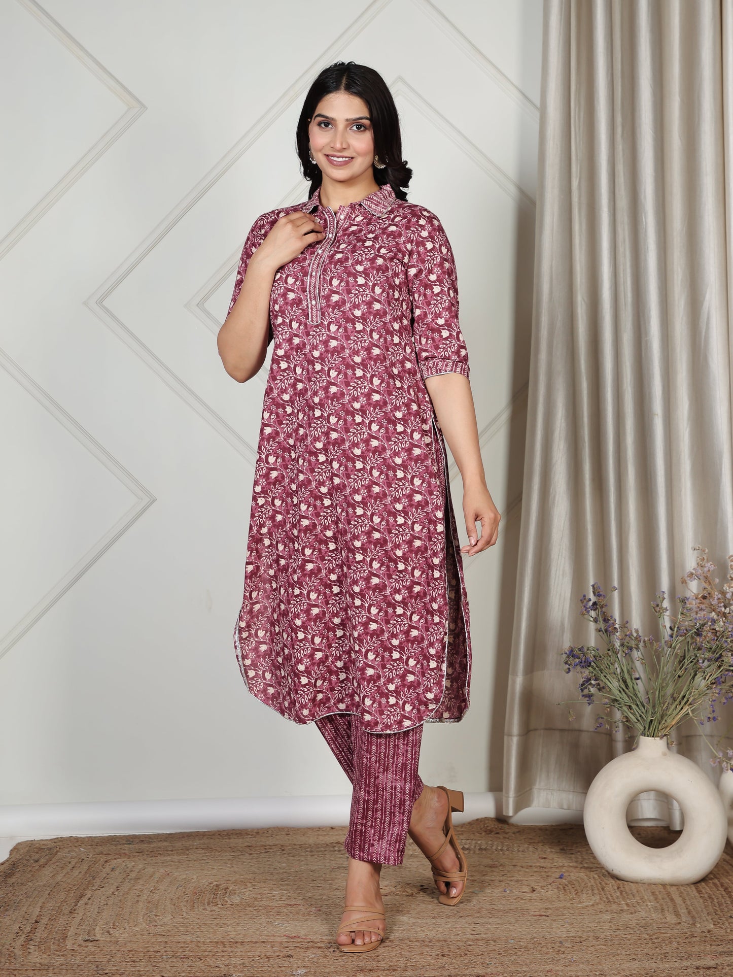 Embroidered Soft Cotton Floral Pathani Purple Kurta