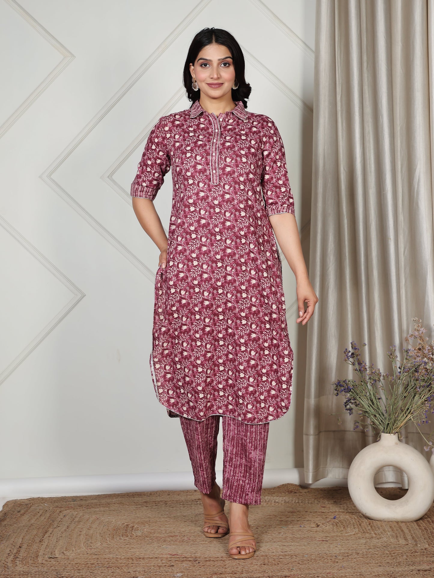 Embroidered Soft Cotton Floral Pathani Purple Kurta