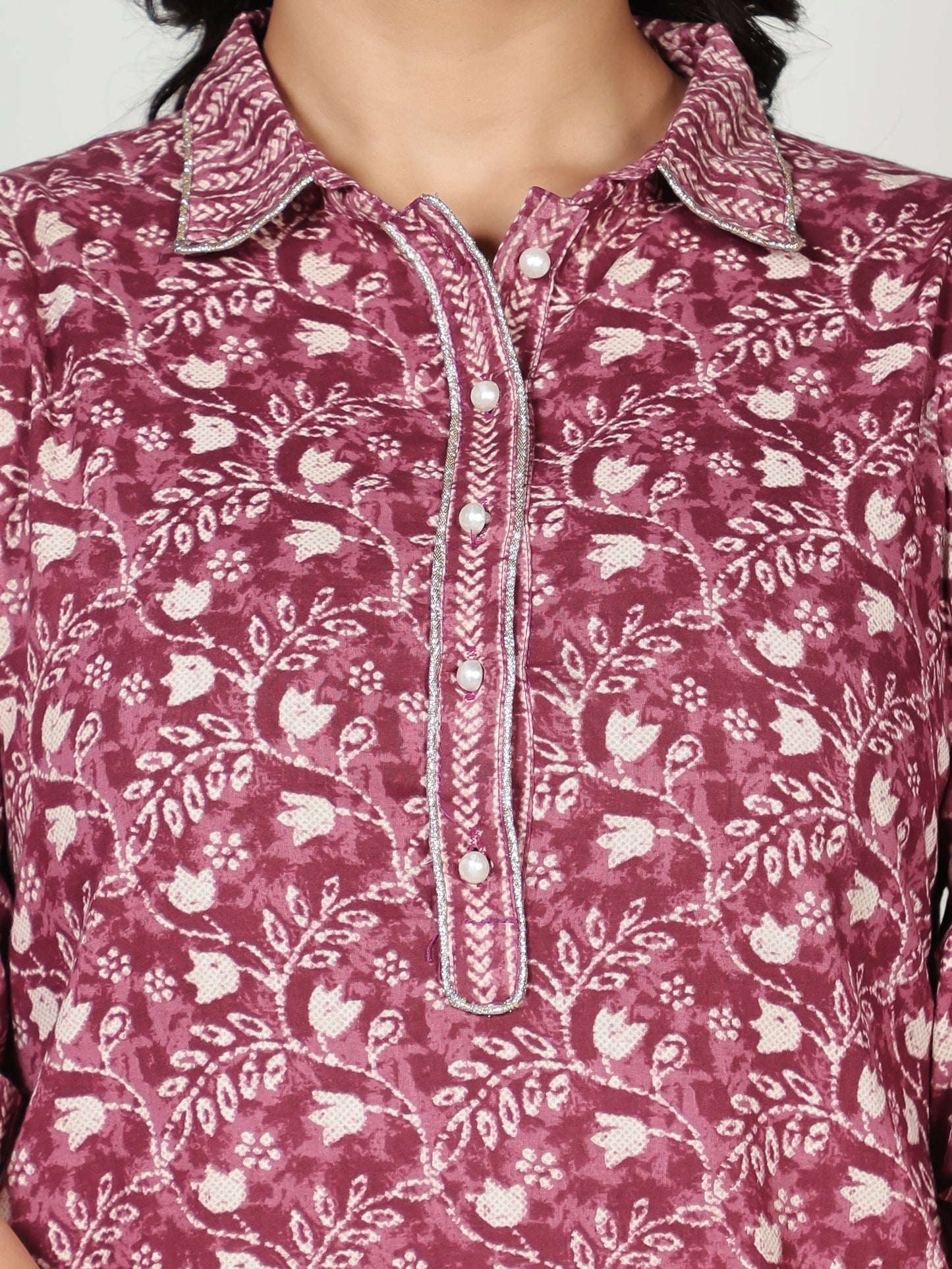 Embroidered Soft Cotton Floral Pathani Purple Kurta