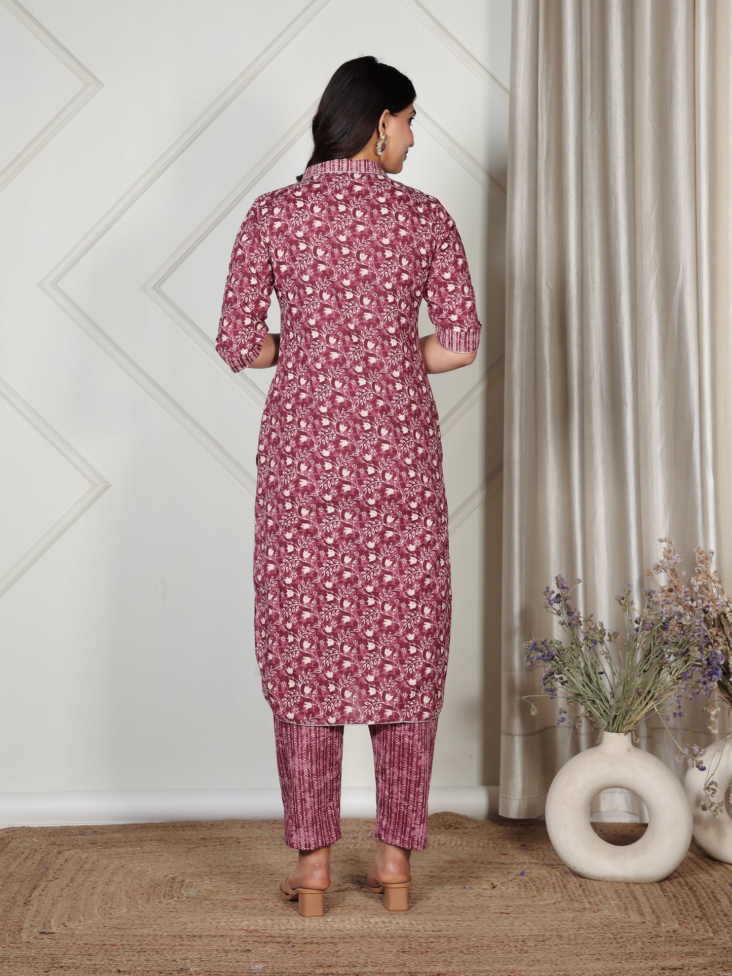 Embroidered Soft Cotton Floral Pathani Purple Kurta