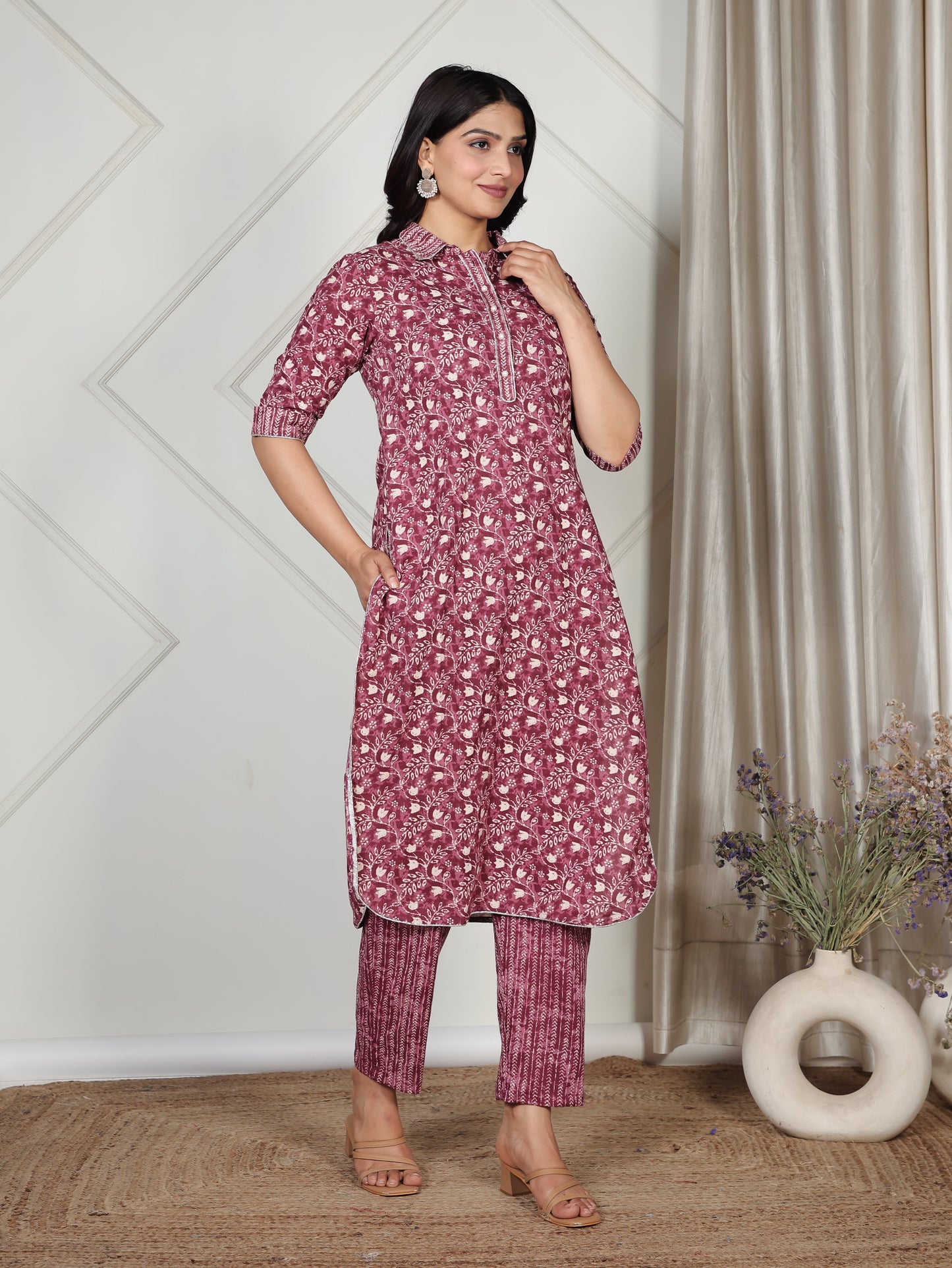 Embroidered Soft Cotton Floral Pathani Purple Kurta