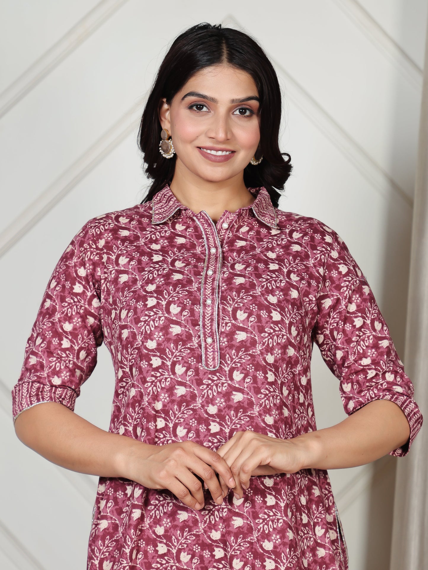 Embroidered Soft Cotton Floral Pathani Purple Kurta