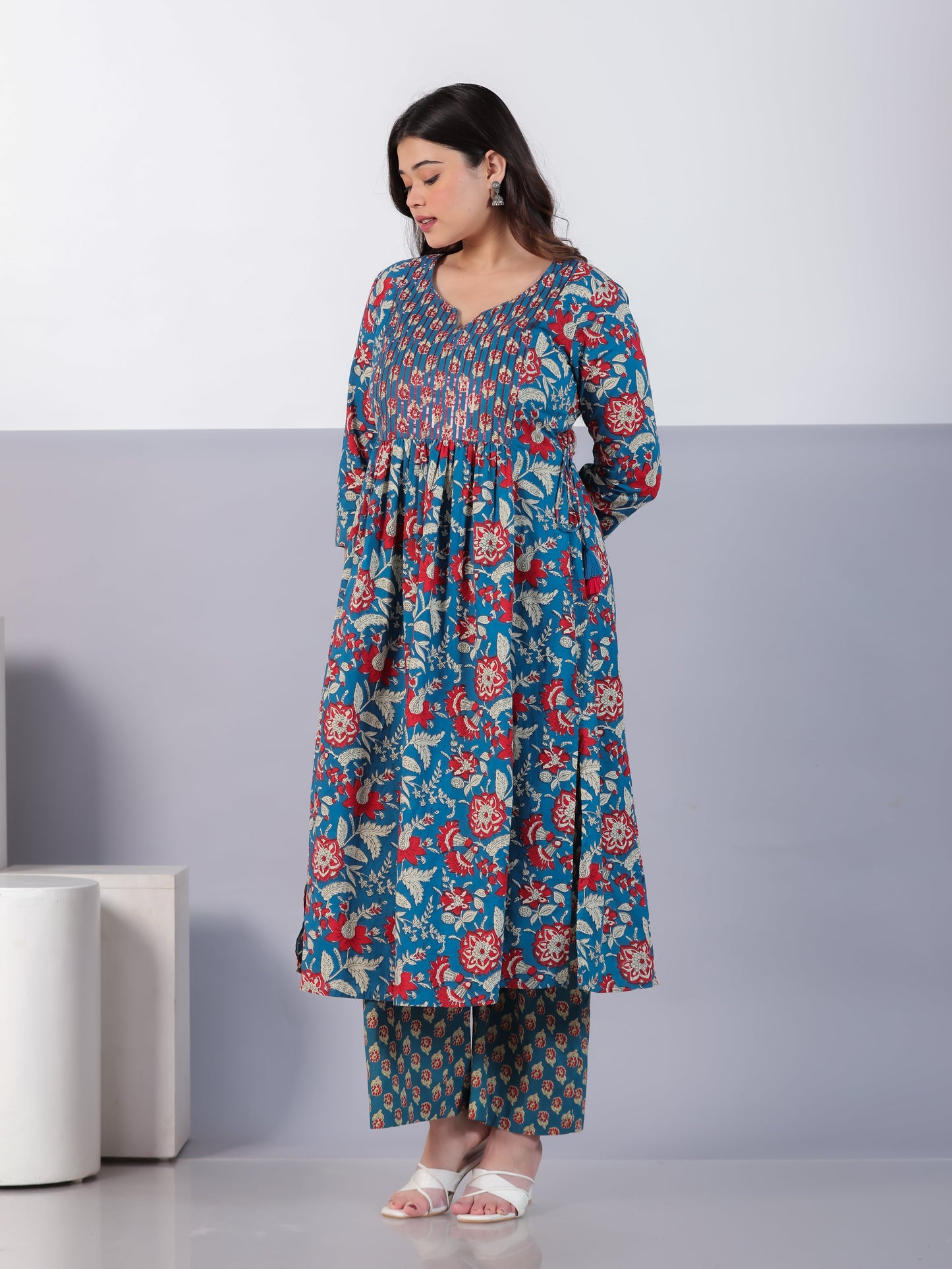 Embroidered Soft Cotton Floral Flared Teal Kurta