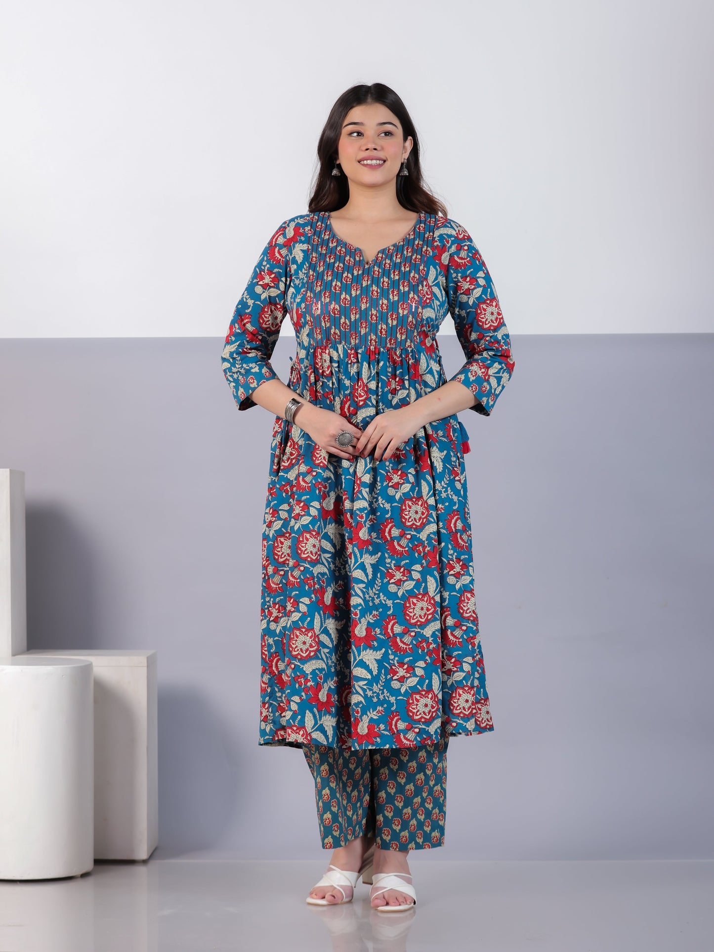 Embroidered Soft Cotton Floral Flared Teal Kurta