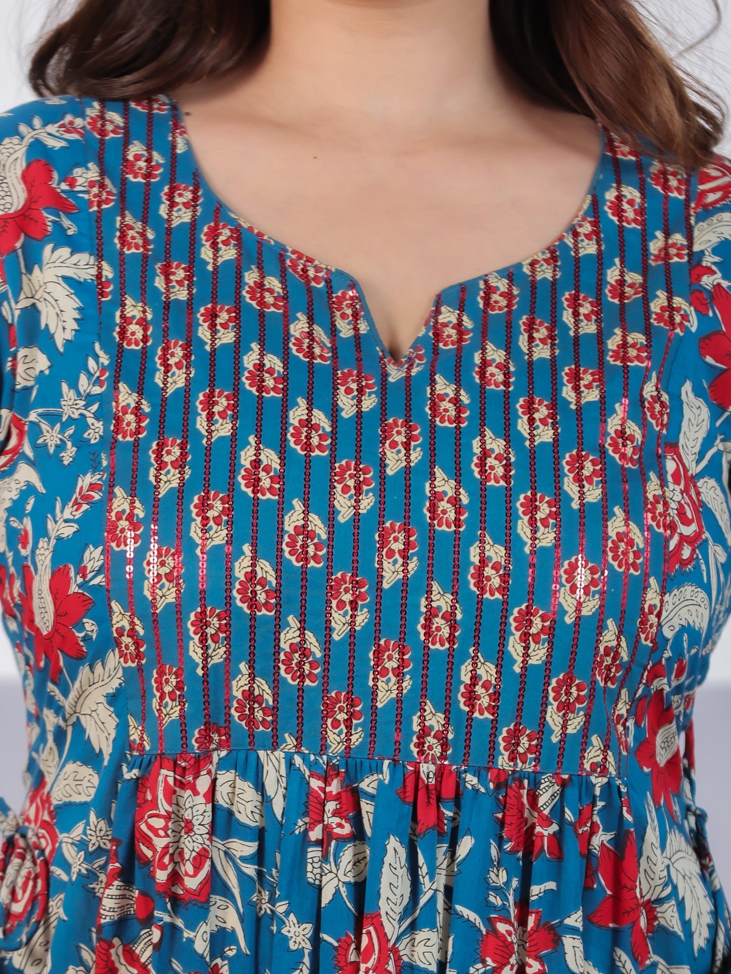 Embroidered Soft Cotton Floral Flared Teal Kurta