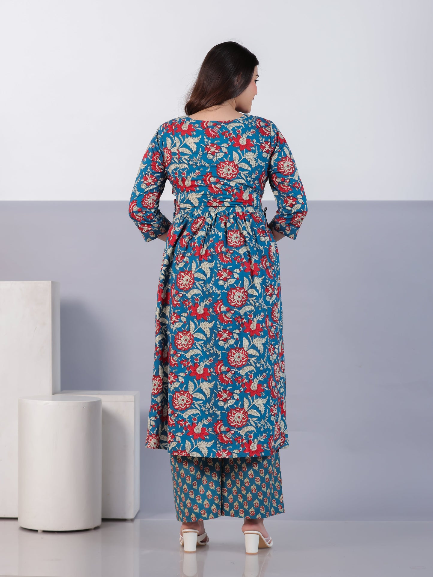 Embroidered Soft Cotton Floral Flared Teal Kurta