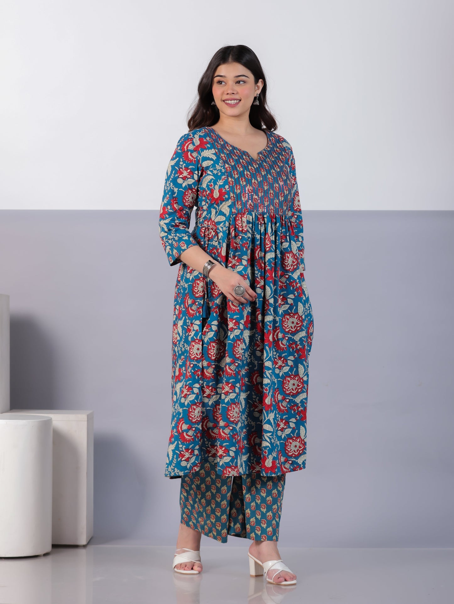 Embroidered Soft Cotton Floral Flared Teal Kurta