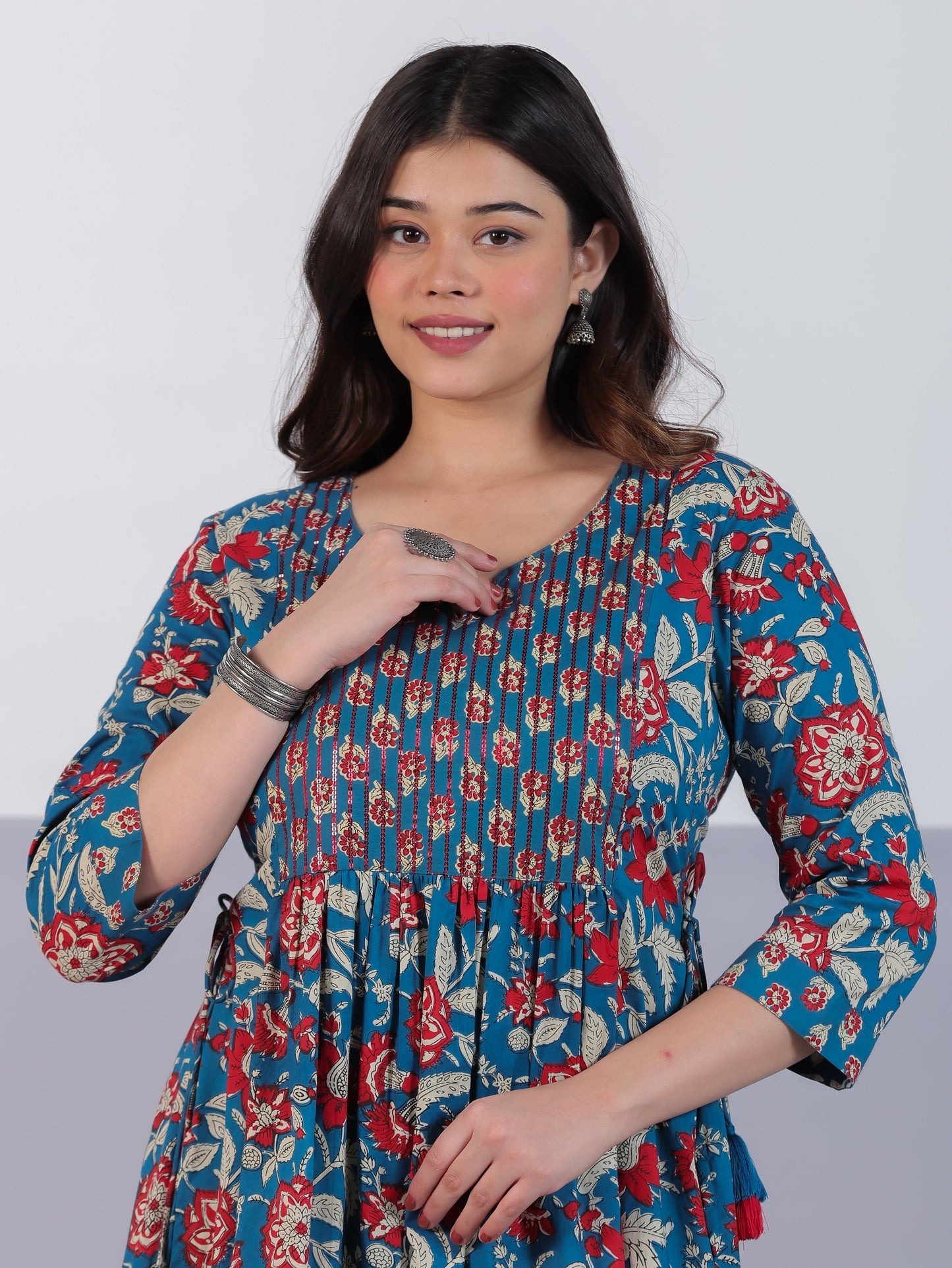 Embroidered Soft Cotton Floral Flared Teal Kurta