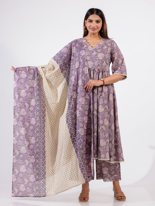 Soft Cotton Floral Flared Grey Kurta