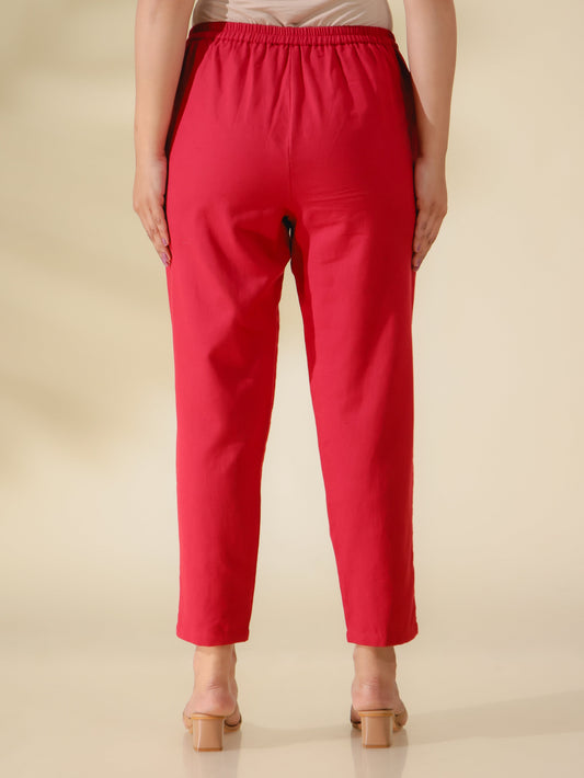 Linen Cotton Solid Maroon Tapered Trousers