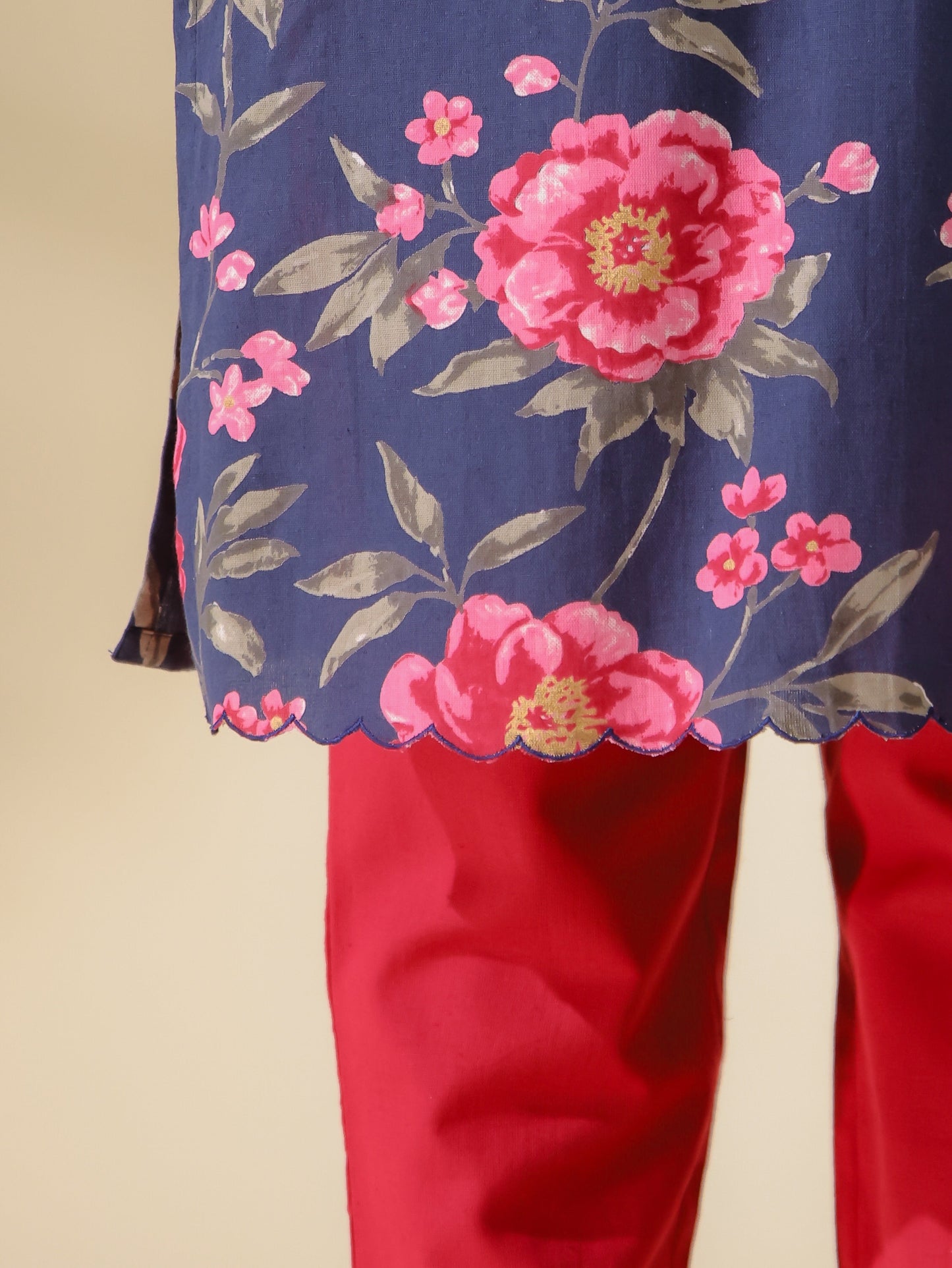 Linen Cotton Floral Straight Blue Kurta