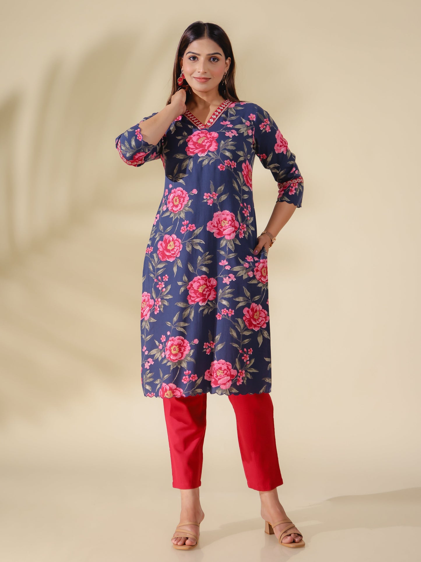 Linen Cotton Floral Straight Blue Kurta