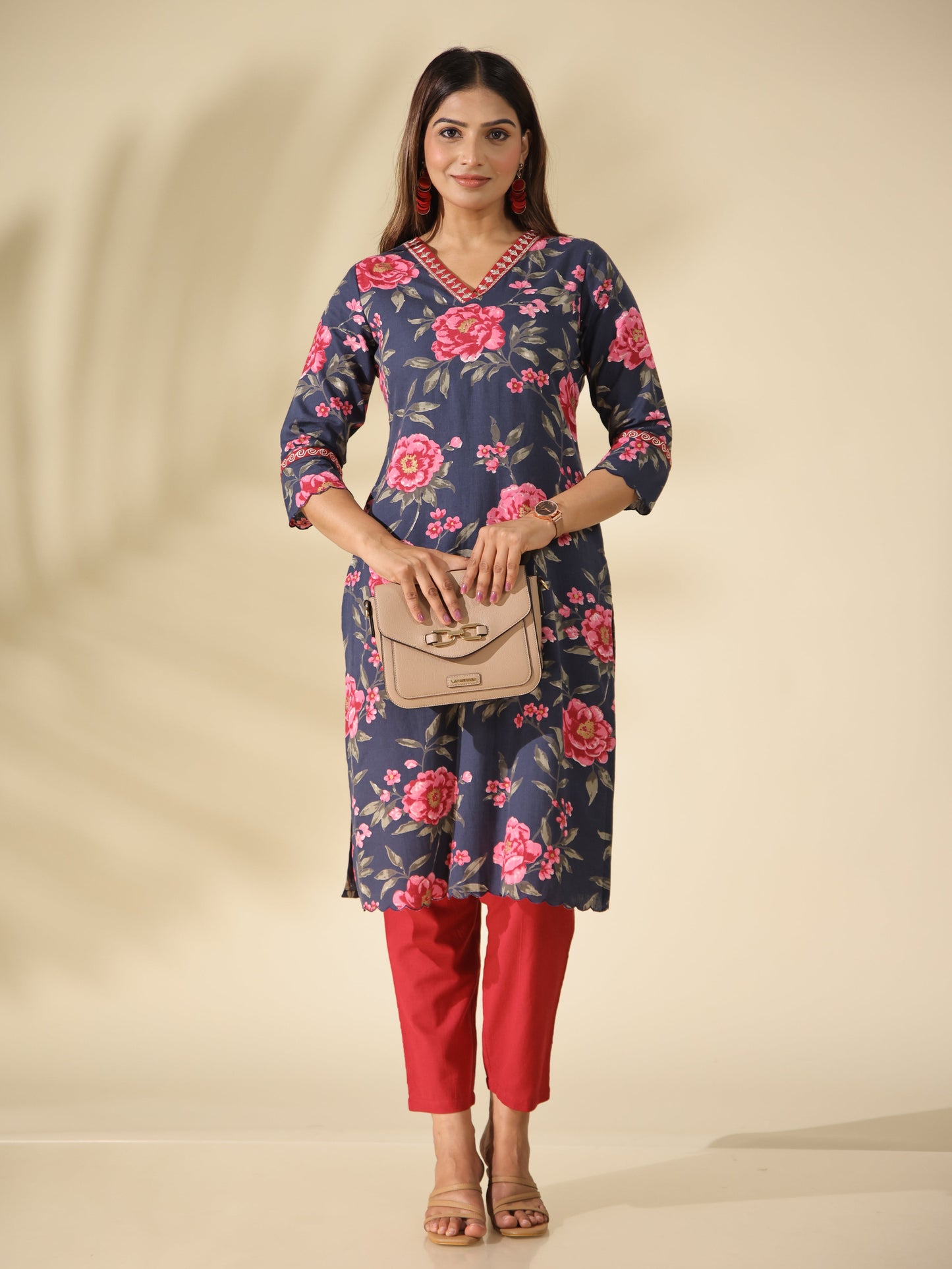 Linen Cotton Floral Straight Blue Kurta