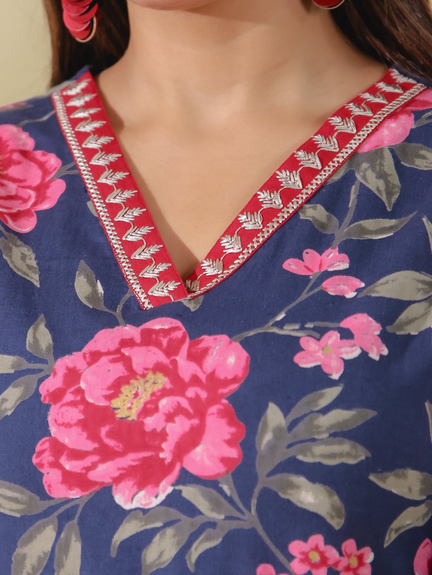 Linen Cotton Floral Straight Blue Kurta