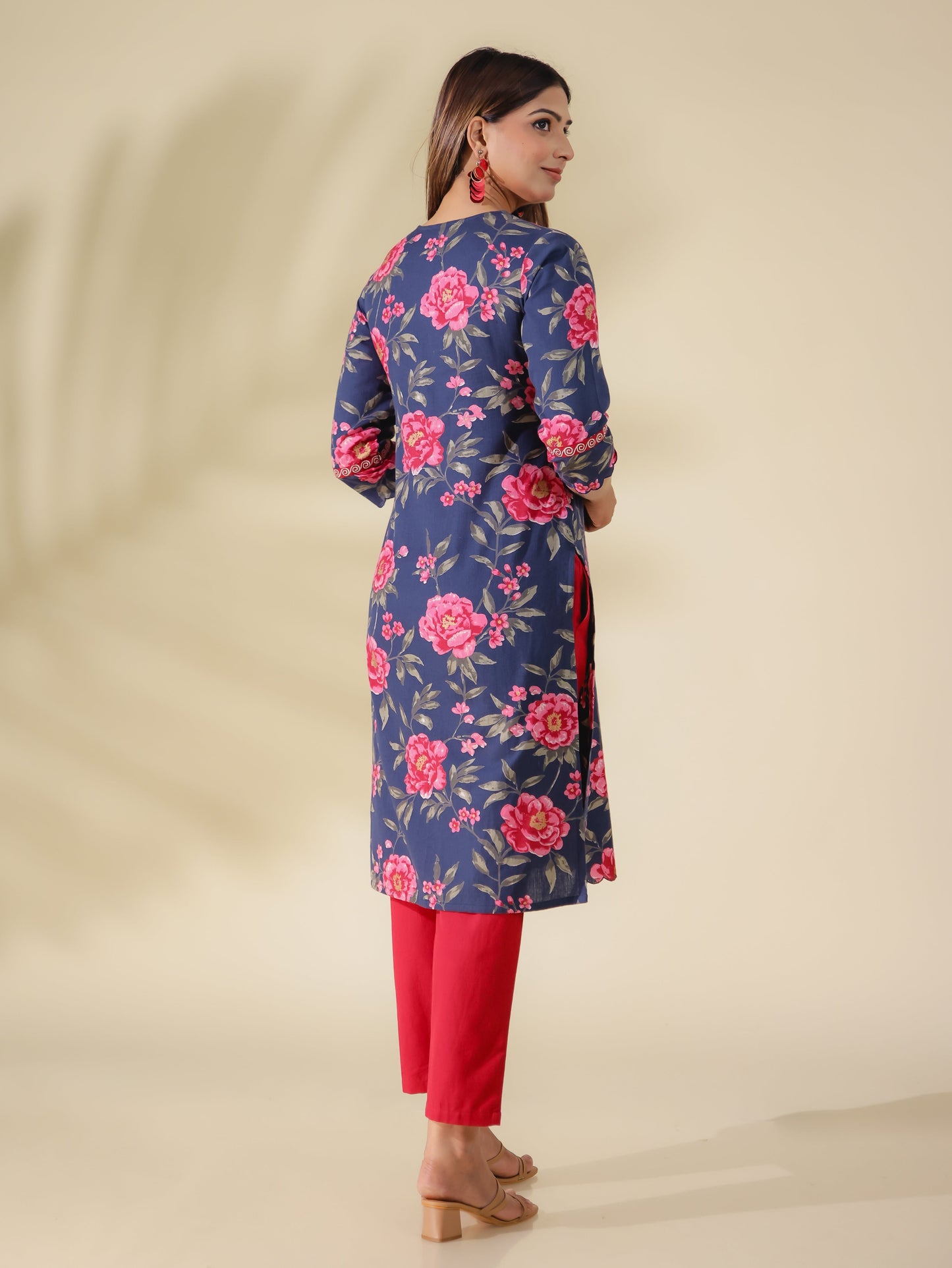 Linen Cotton Floral Straight Blue Kurta