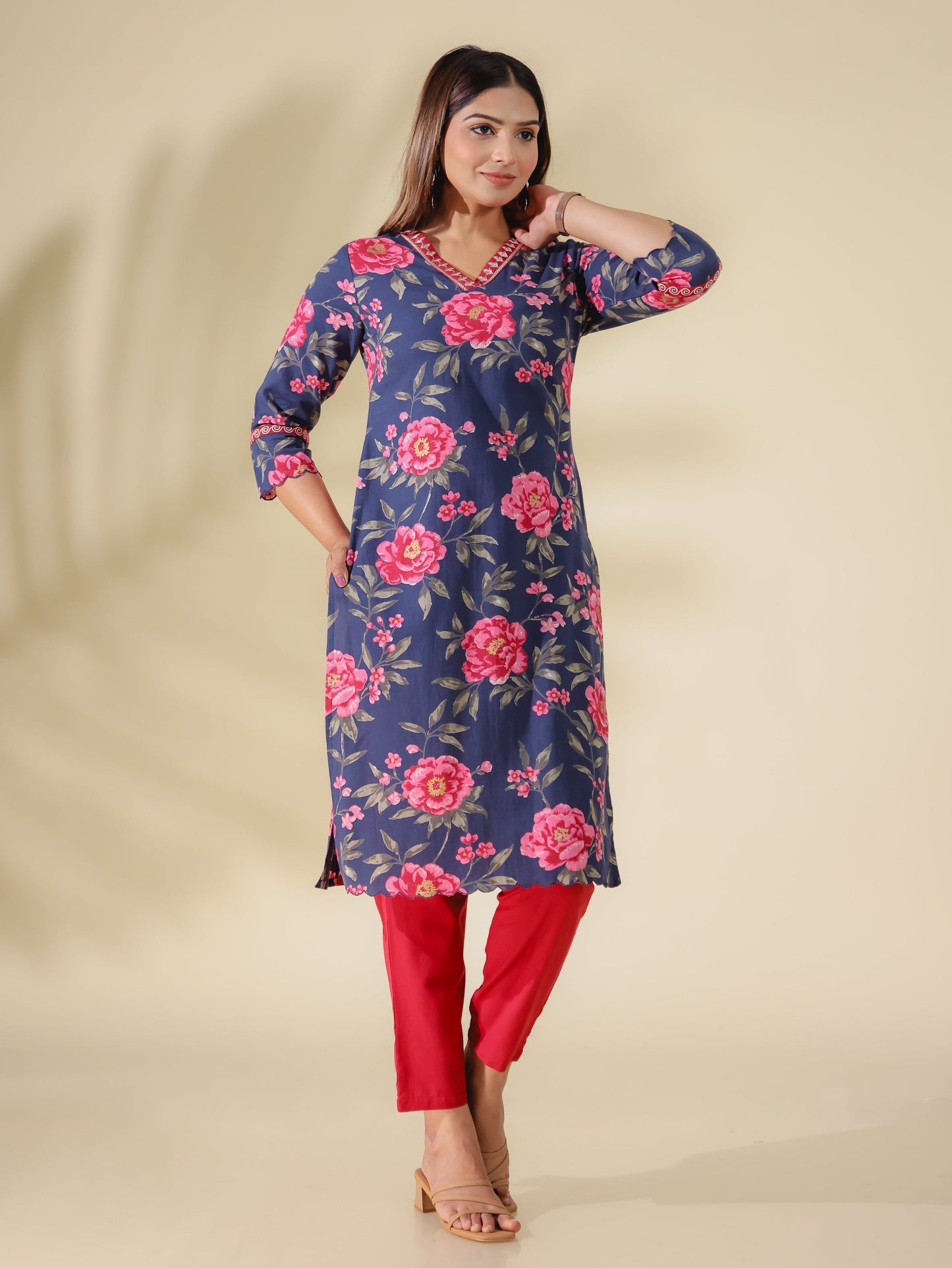 Linen Cotton Floral Straight Blue Kurta