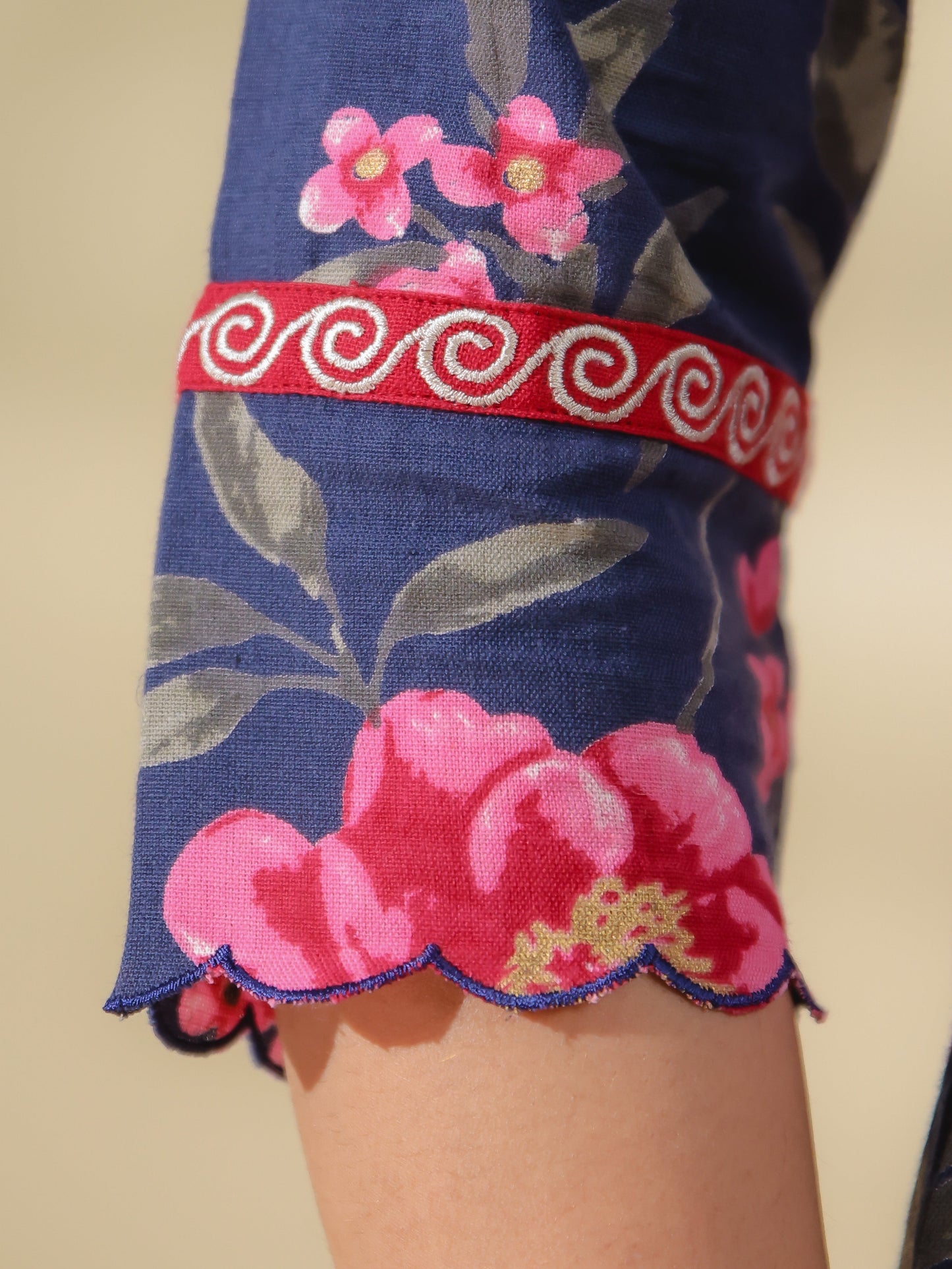 Linen Cotton Floral Straight Blue Kurta