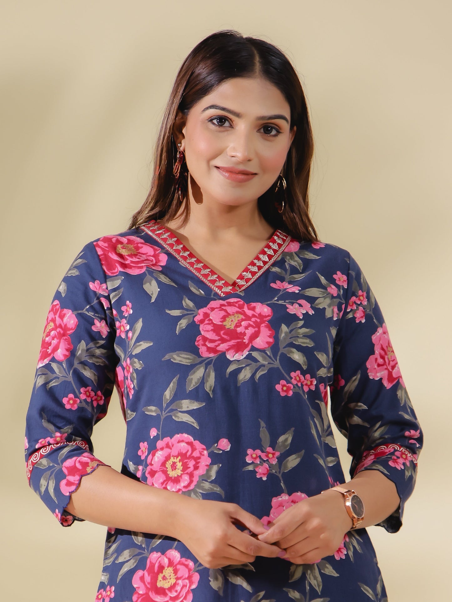 Linen Cotton Floral Straight Blue Kurta