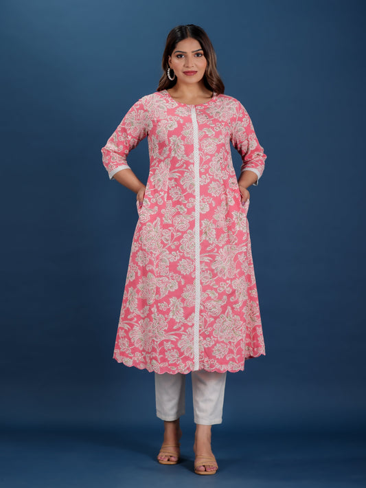 Linen Cotton Floral A-line Pink Kurta