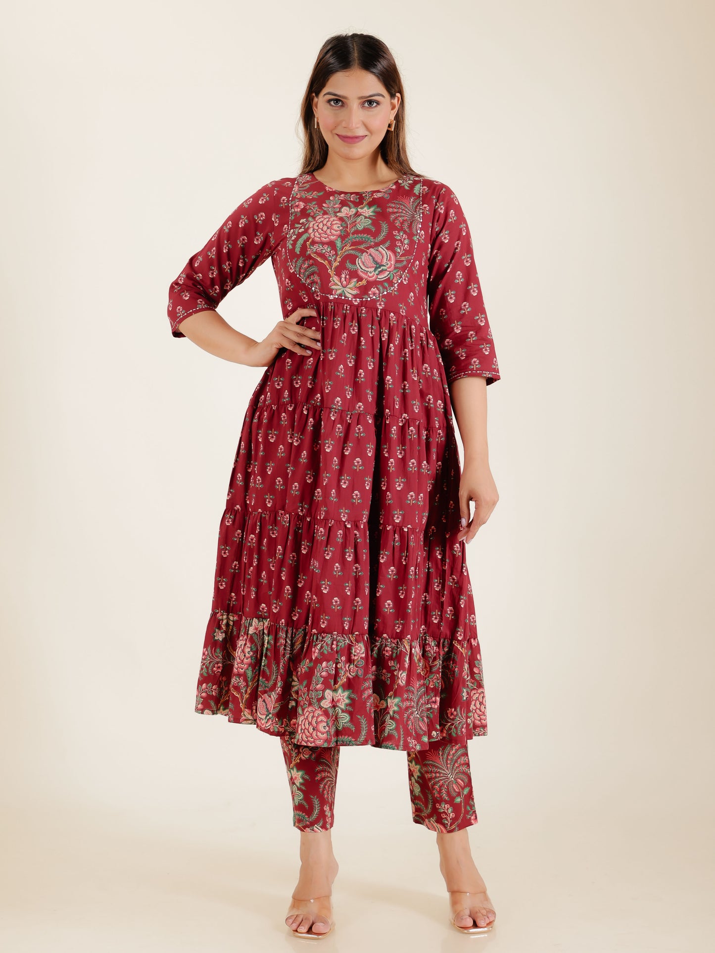 Embroidered Soft Cotton Block Print Anarkali Maroon Kurta