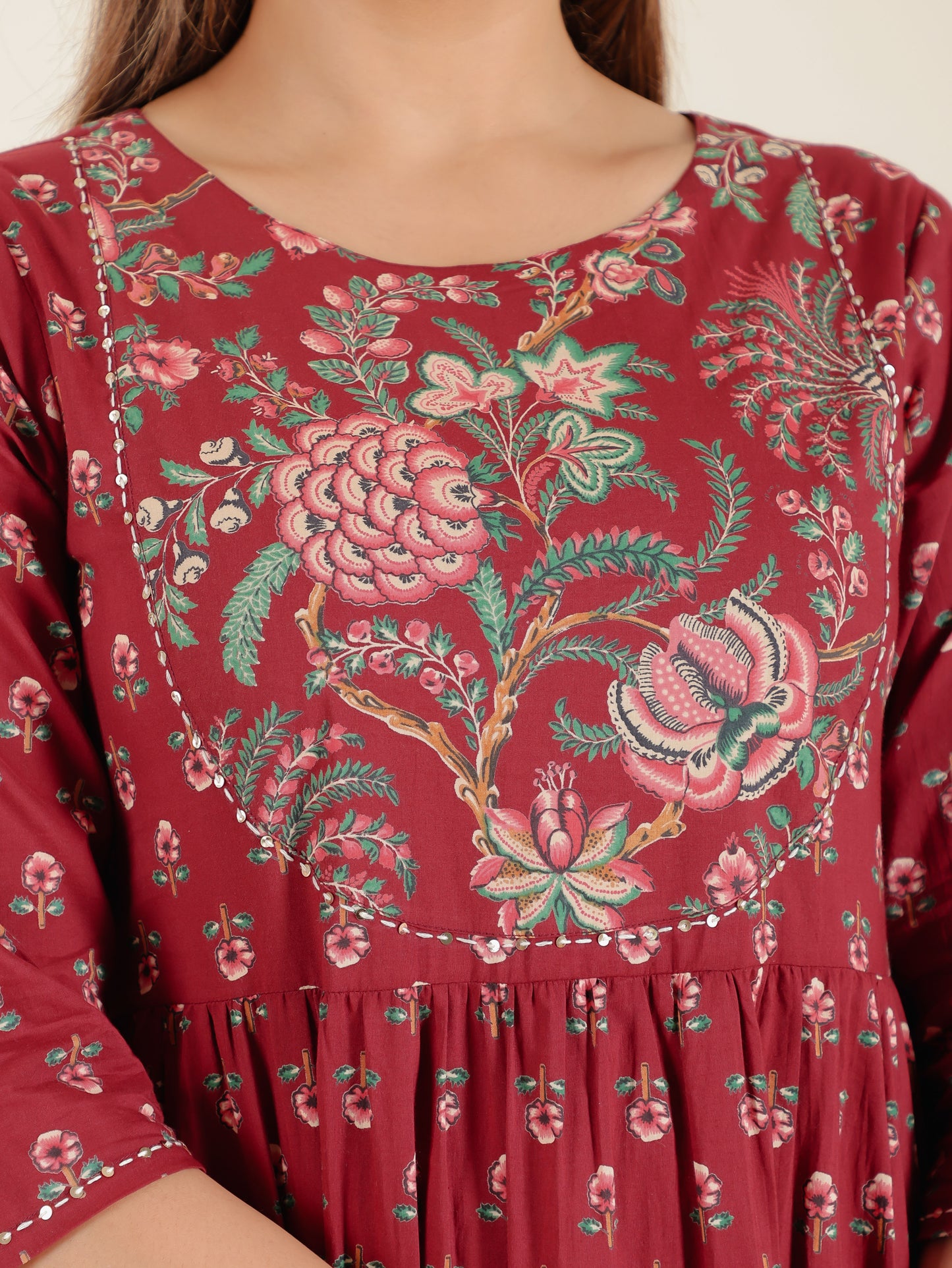 Embroidered Soft Cotton Block Print Anarkali Maroon Kurta