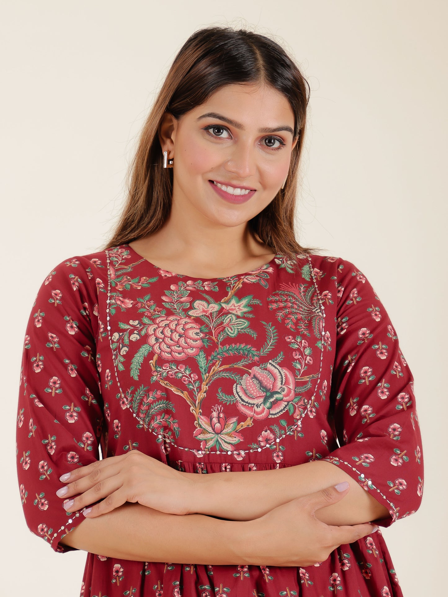 Embroidered Soft Cotton Block Print Anarkali Maroon Kurta