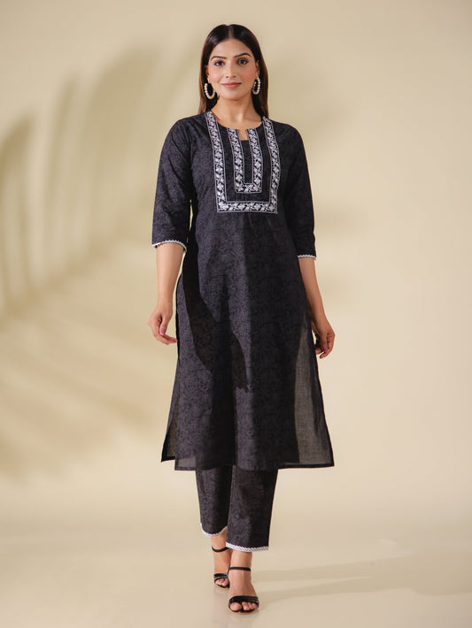 Soft Cotton Floral Straight Black Kurta