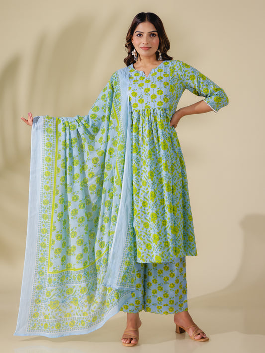 Soft Cotton Floral Panelled Blue Kurta