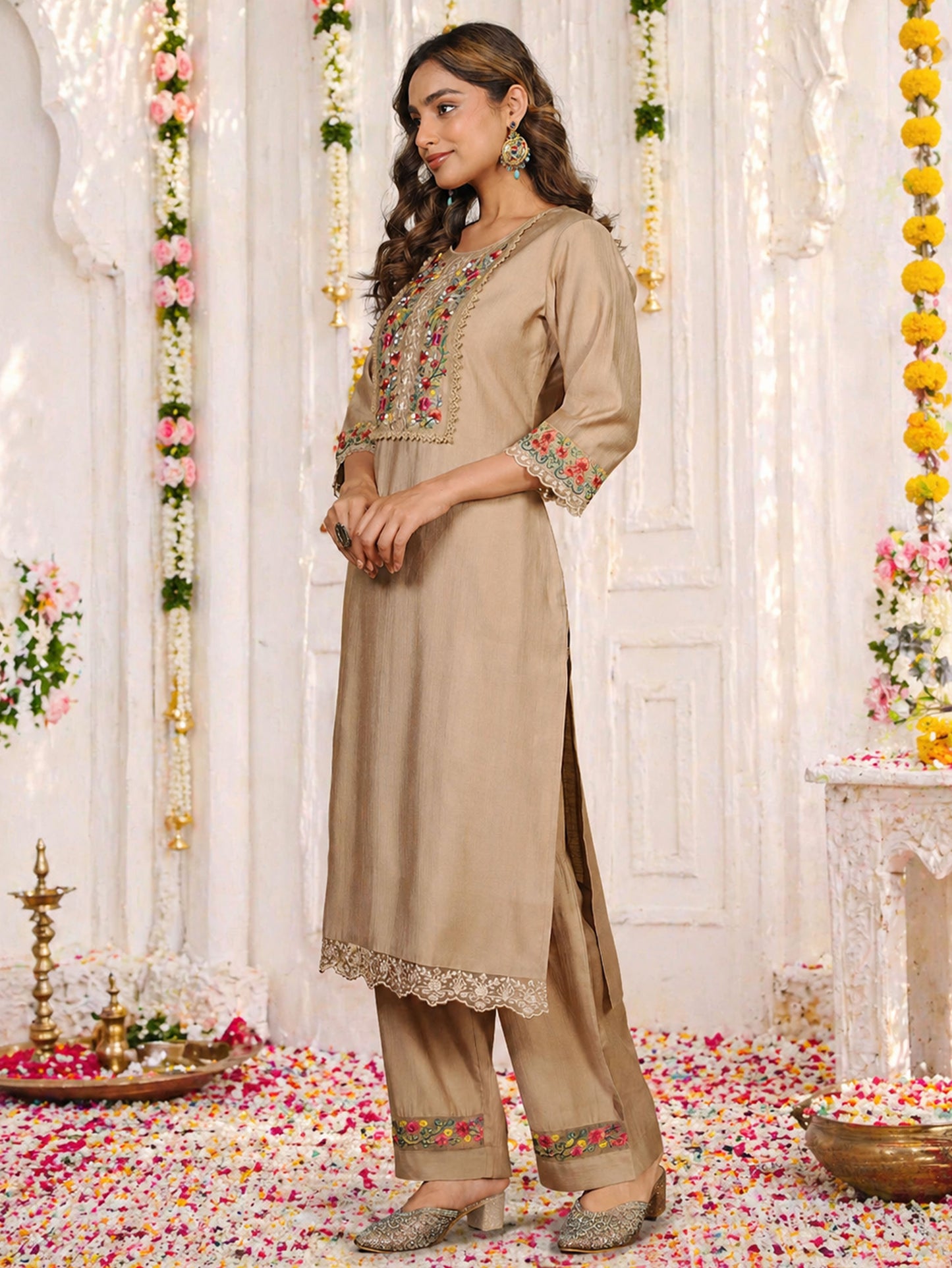 Embroidered Blended Silk Solid Straight Beige Kurta