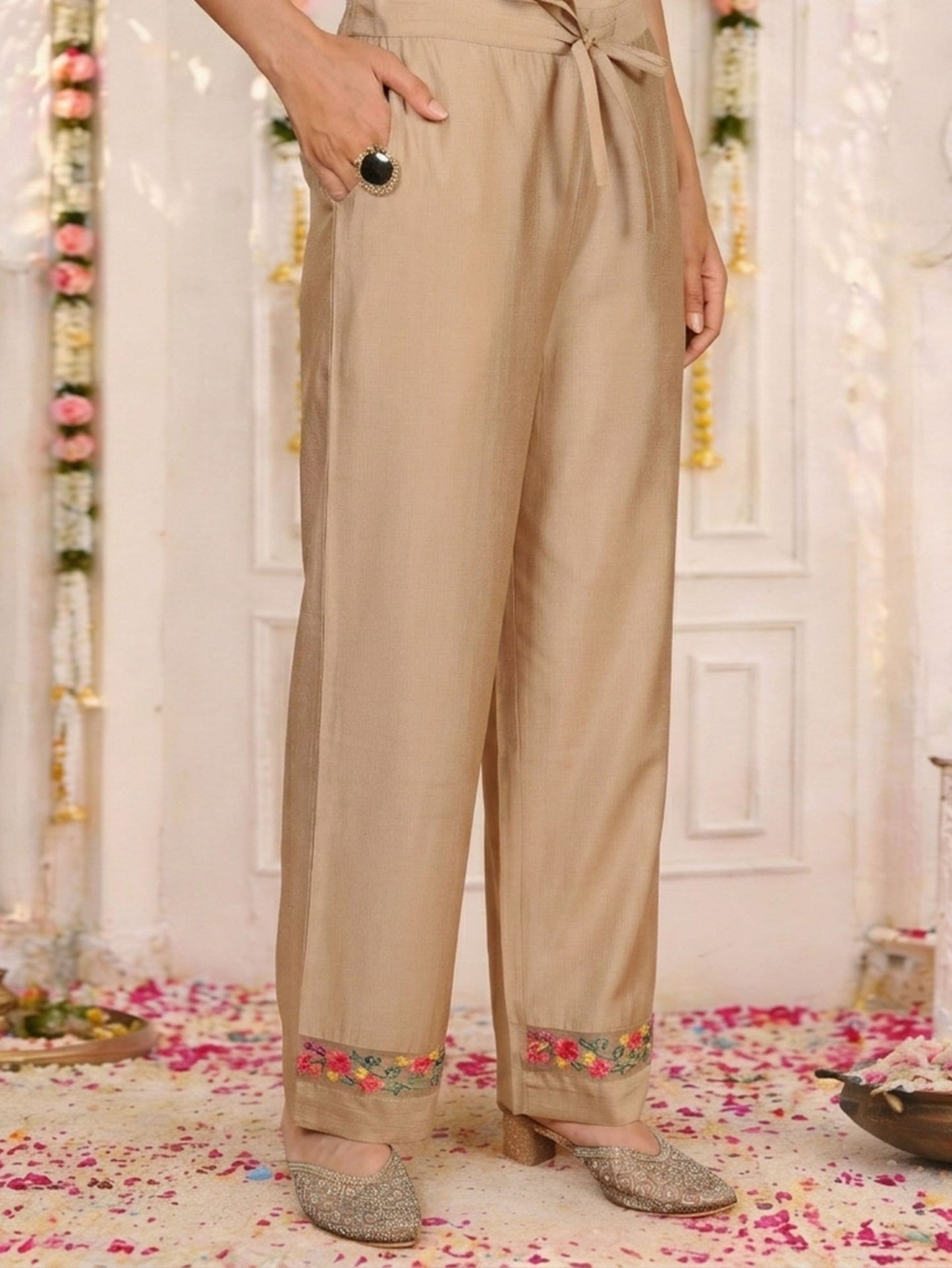 Embroidered Blended Silk Solid Straight Beige Kurta