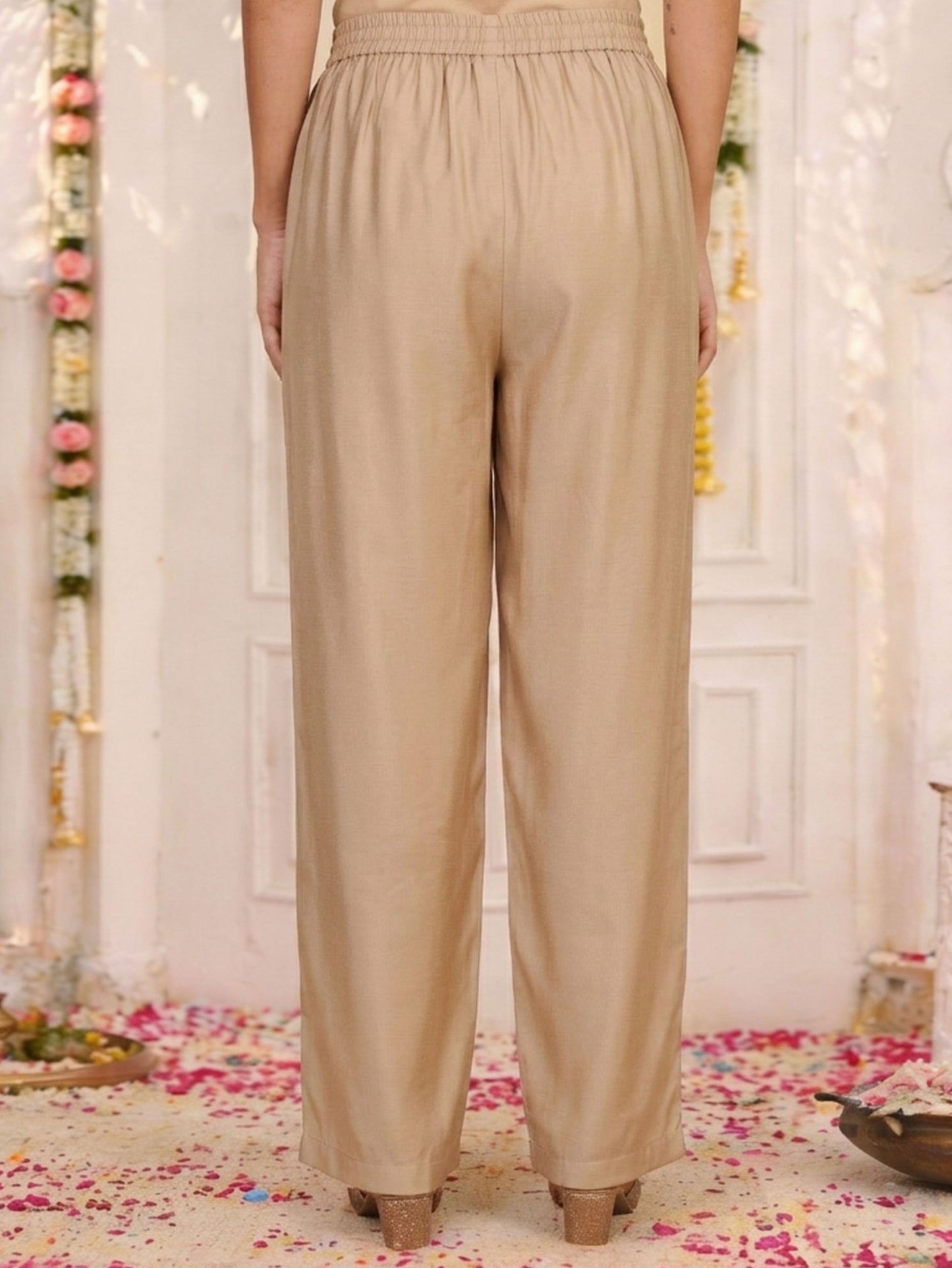 Embroidered Blended Silk Solid Beige Straight Trousers