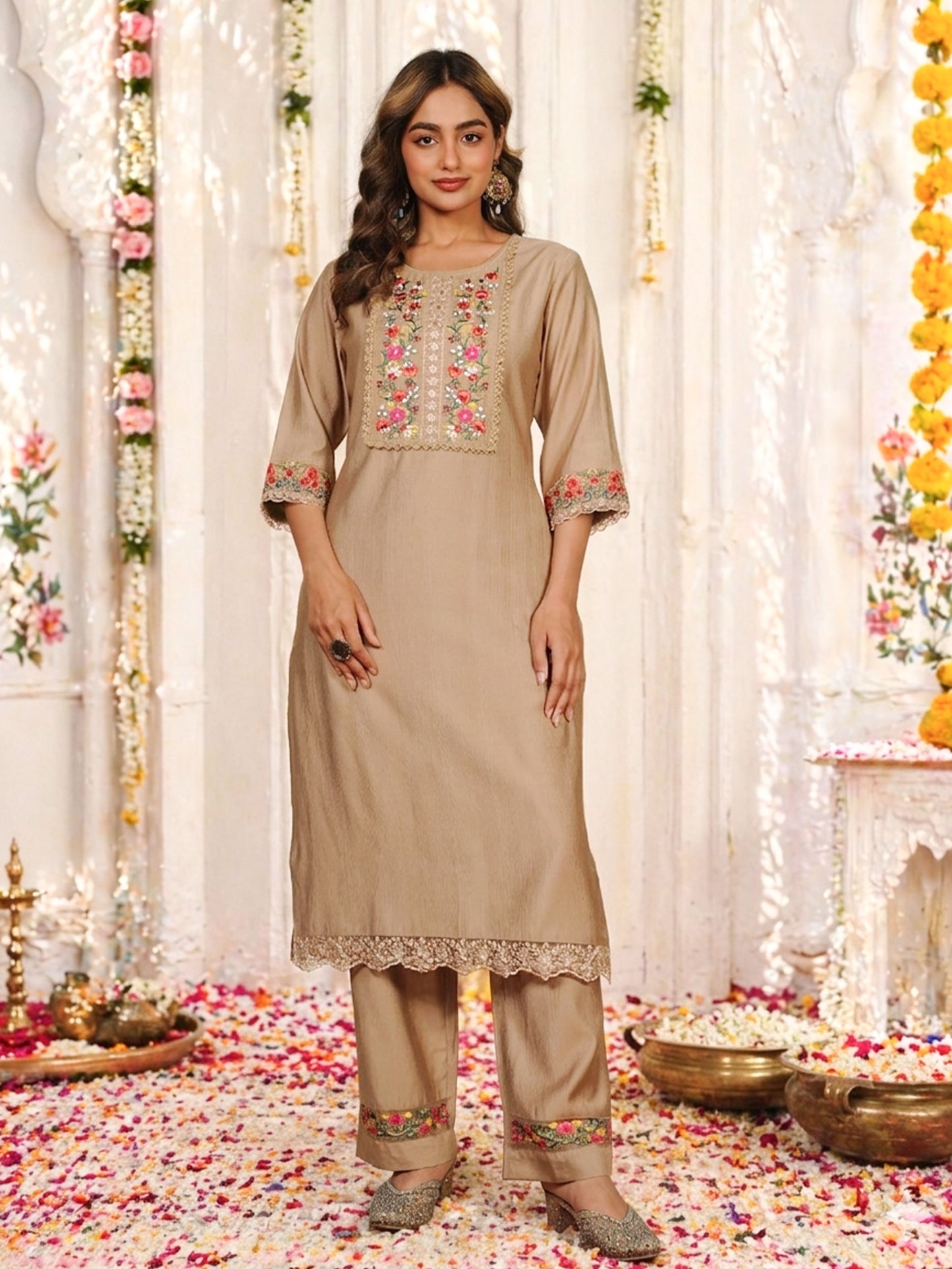 Embroidered Blended Silk Solid Straight Beige Kurta