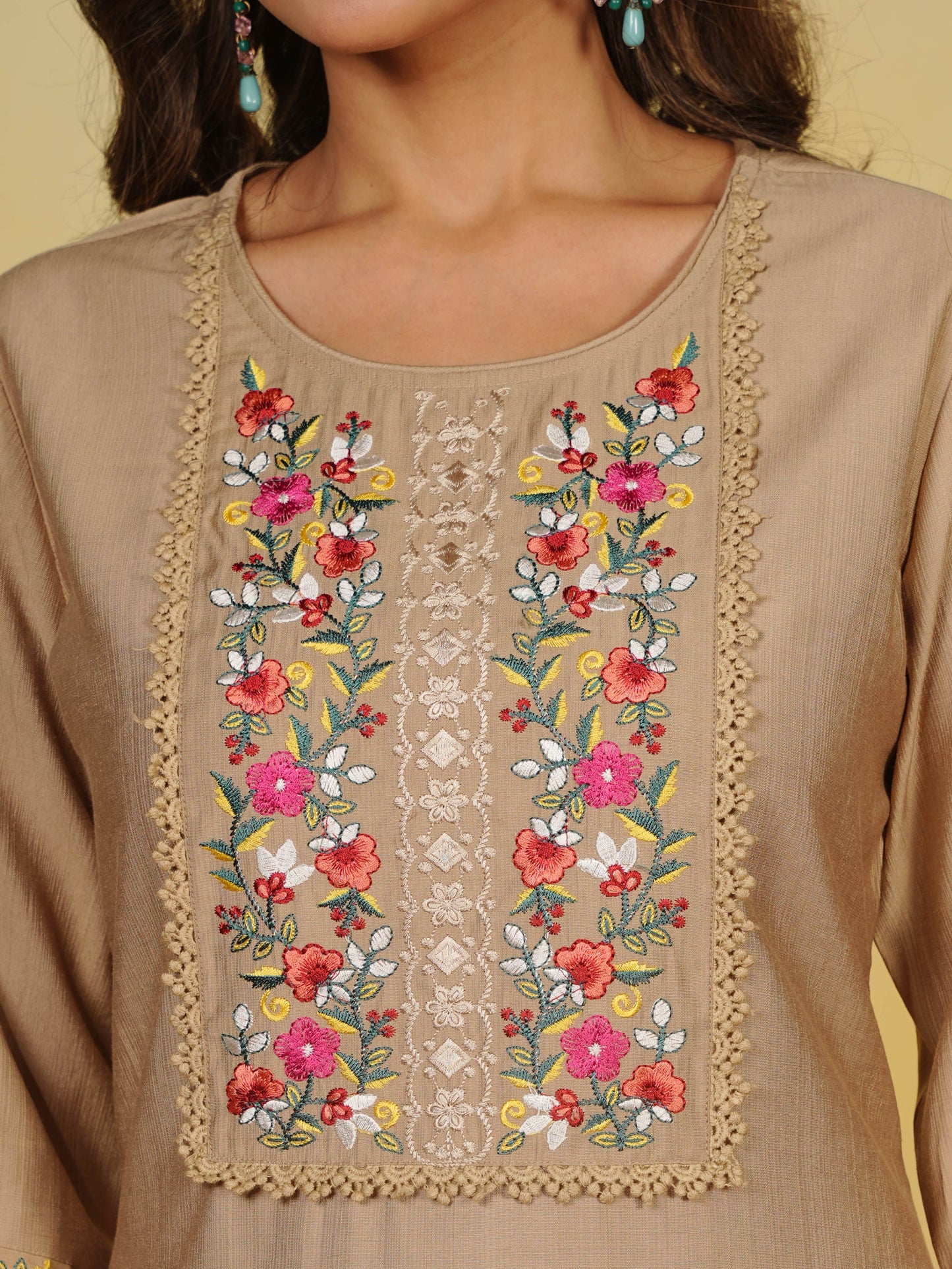 Embroidered Blended Silk Solid Straight Beige Kurta