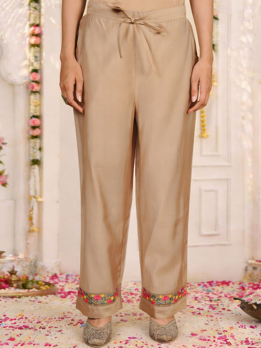 Embroidered Blended Silk Solid Beige Straight Trousers