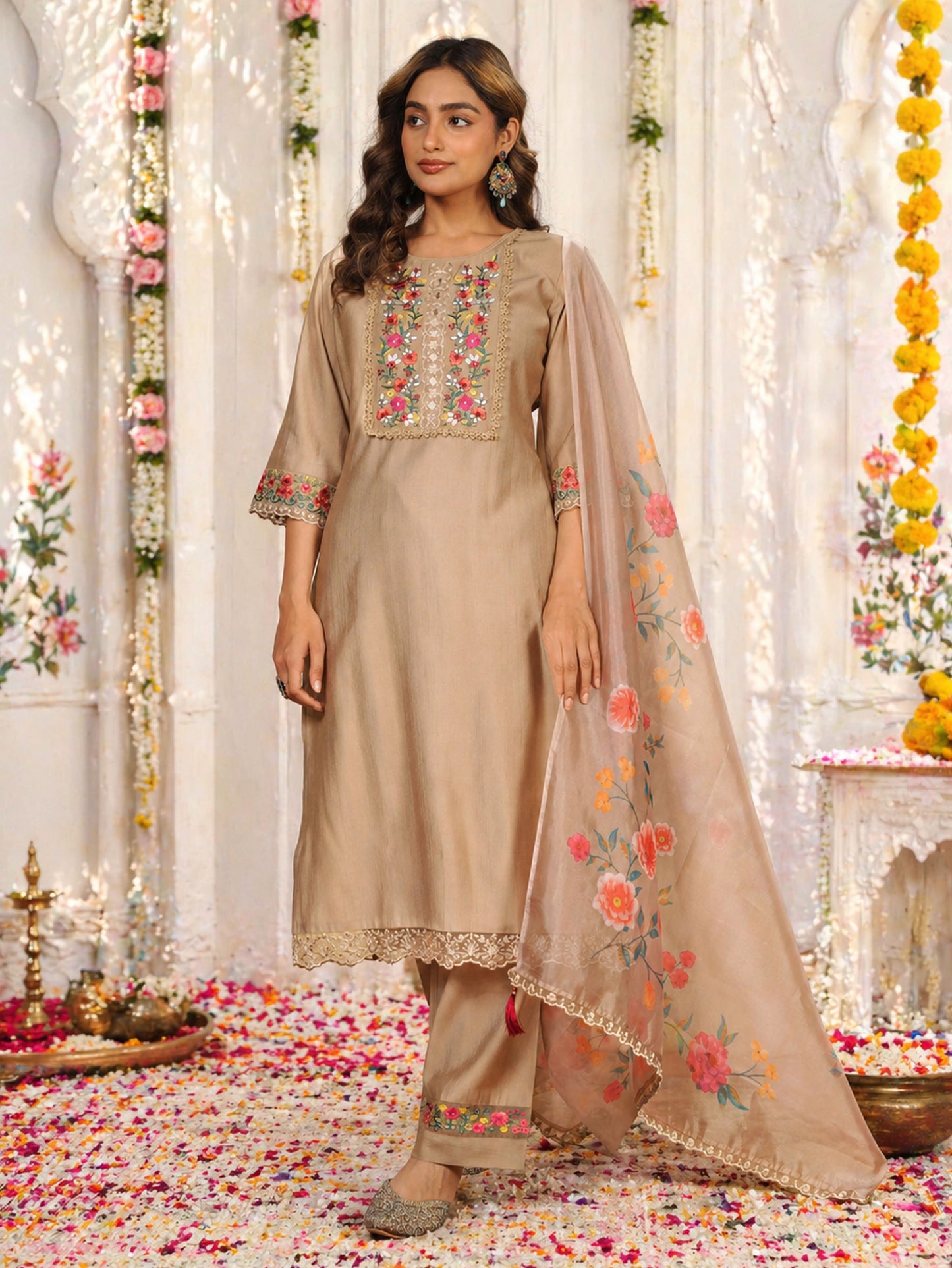 Embroidered Organza Solid Plain Beige Dupatta