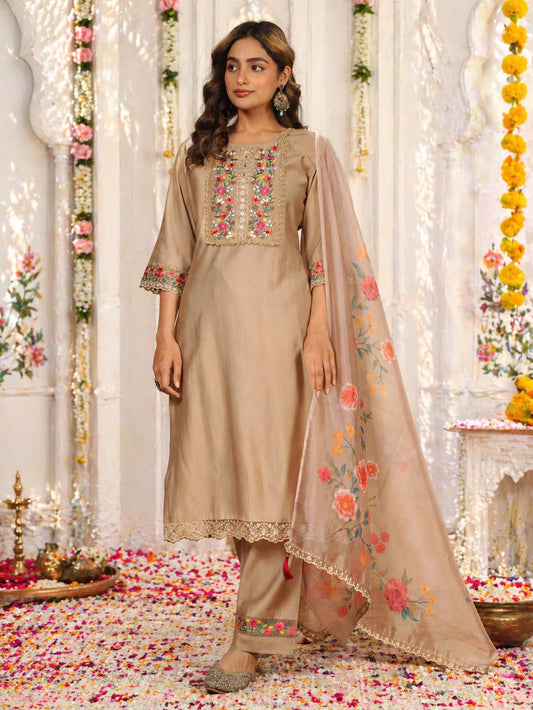 Embroidered Organza Solid Plain Beige Dupatta