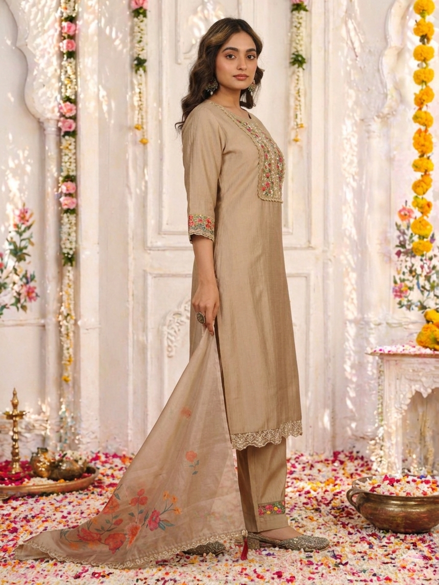 Embroidered Organza Solid Plain Beige Dupatta