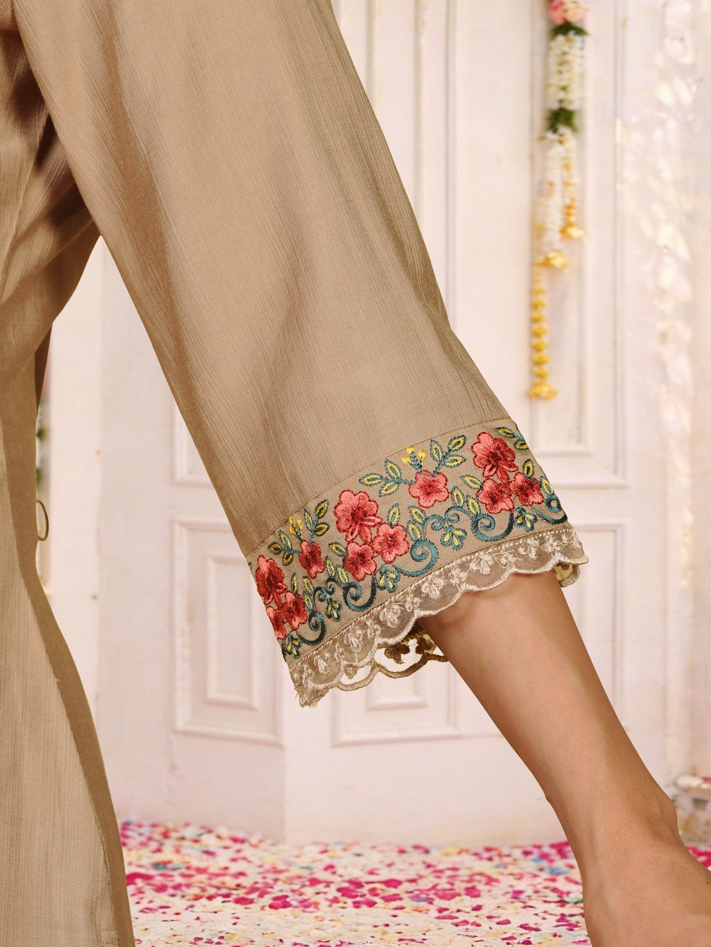Embroidered Blended Silk Solid Straight Beige Kurta