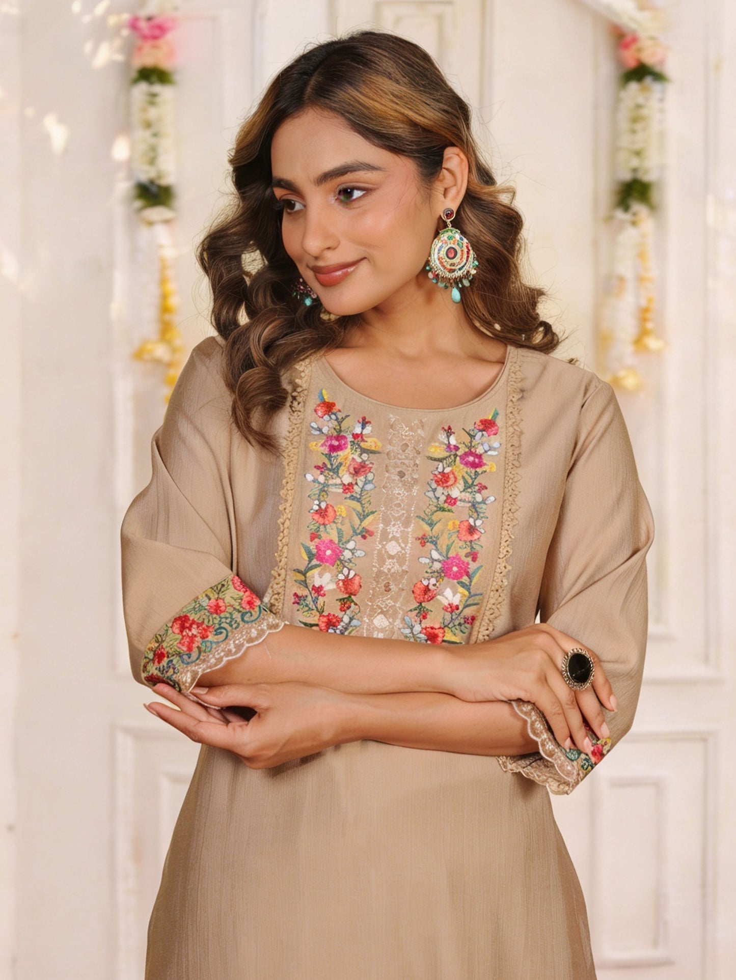 Embroidered Blended Silk Solid Straight Beige Kurta