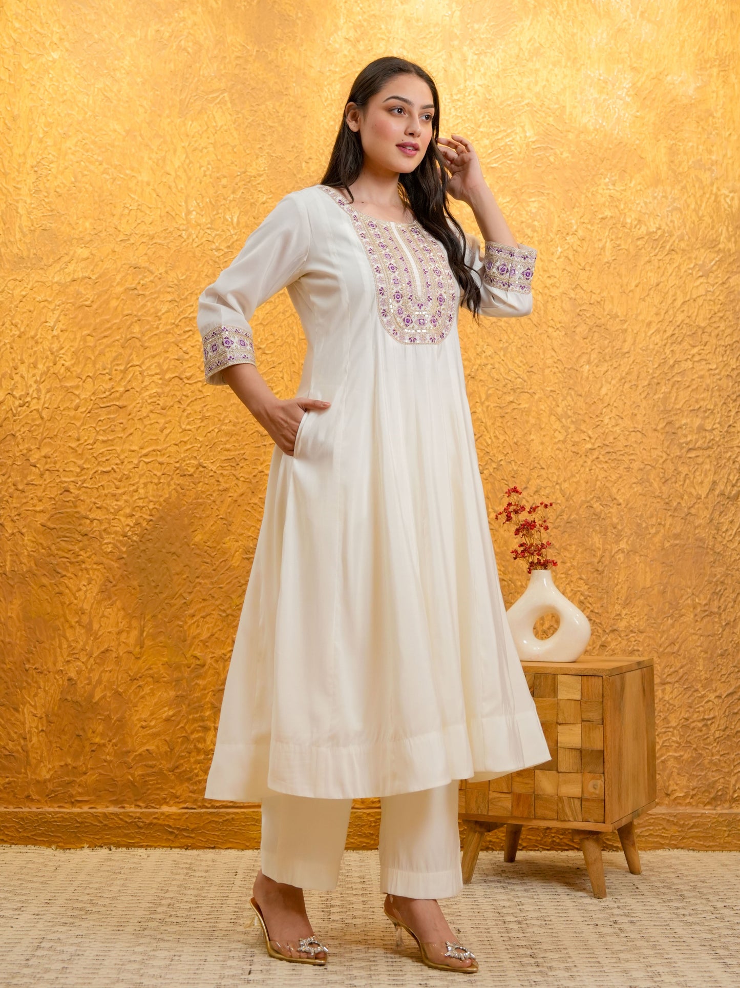 Embroidered Chanderi Solid Anarkali White Kurta